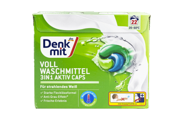 Капсулы для стирки DenkMit Aktiv 3в1 (для белого белья), 22 штуки по 27 г